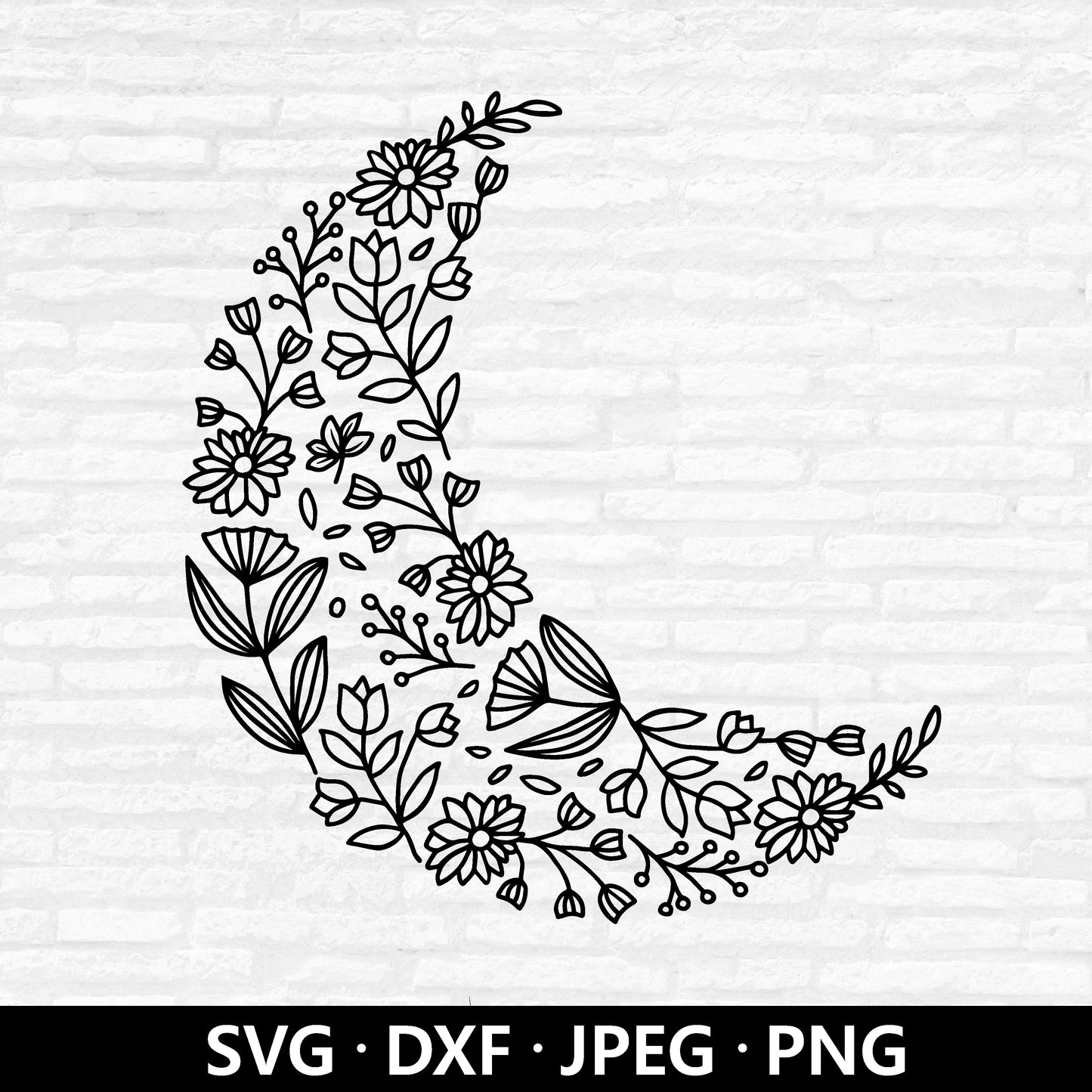 Floral moon Svg, Crescent Moon with Flowers Vector, boho Shirt, Celestial PNG, Wildflower Clipart, Flower Moon Cut Files Digital Download