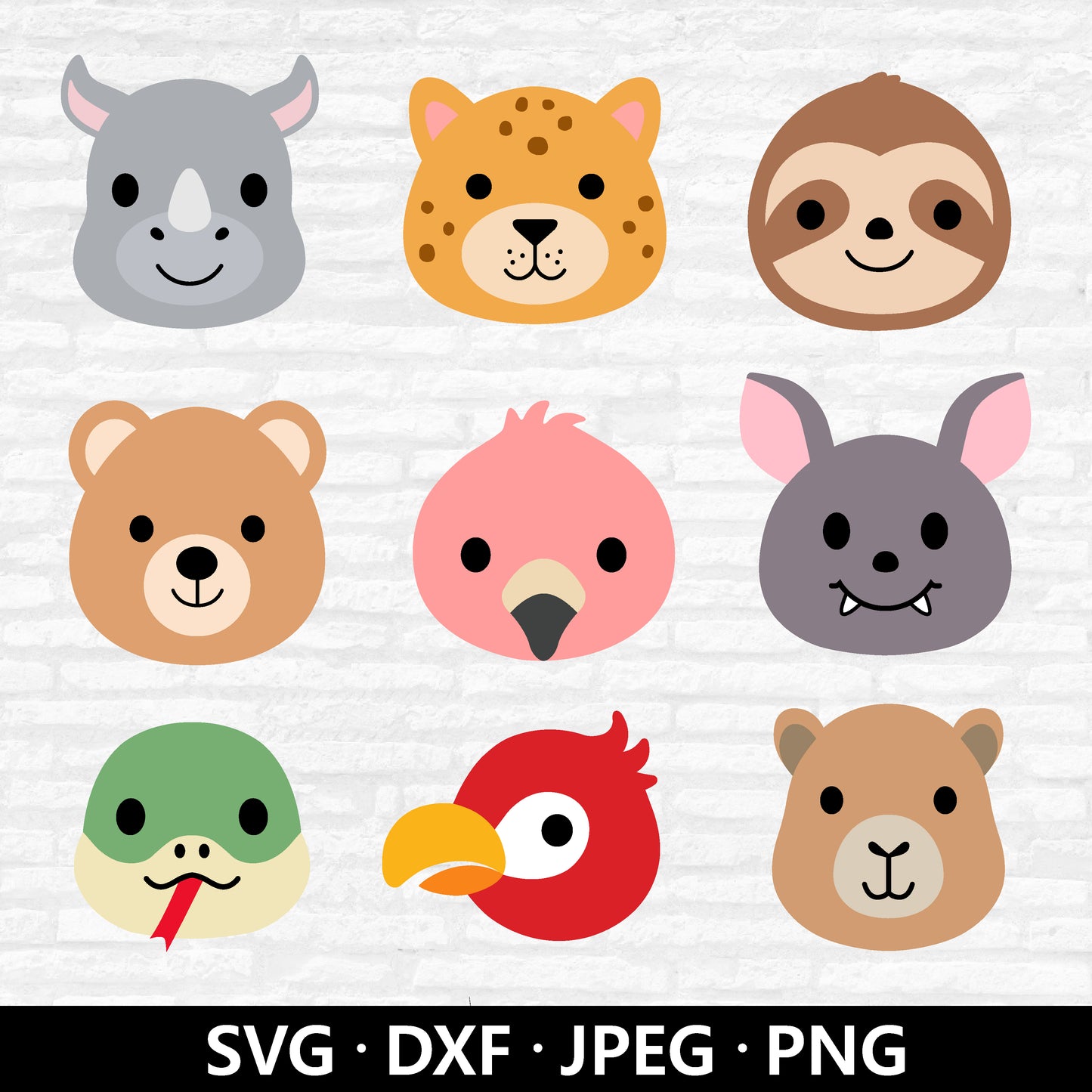 Jungle Animal Face SVG, Cute Animal Clipart, Safari SVG bundle, Bear Flamingo Snake Capybara Sloth Bat Cheetah cut files Digital Download