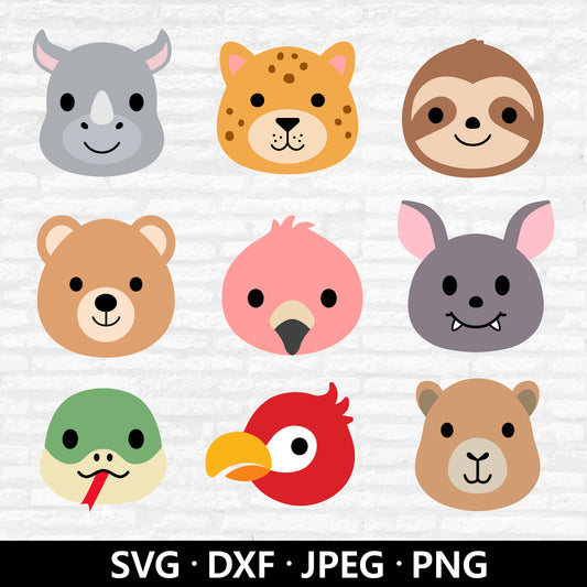Jungle Animal Face SVG, Cute Animal Clipart, Safari SVG bundle, Bear Flamingo Snake Capybara Sloth Bat Cheetah cut files Digital Download