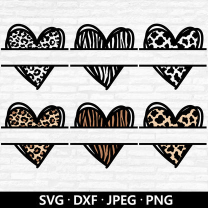 Animal Print Heart Monogram SVG, Heart Bundle Vector, Split Name Frame PNG, Leopard Heart, Valentines Day Hearts Cut Files Digital Download