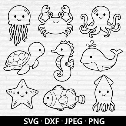 Sea Animals Outline SVG, Ocean Creatures, Baby Shower, Octopus, Seahorse, Dolphin, Turtle, Marine Beach Animal Cut files Digital Download