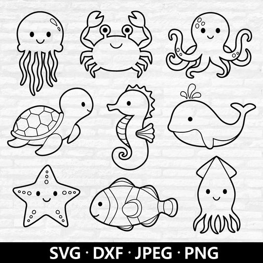 Sea Animals Outline SVG, Ocean Creatures, Baby Shower, Octopus, Seahorse, Dolphin, Turtle, Marine Beach Animal Cut files Digital Download