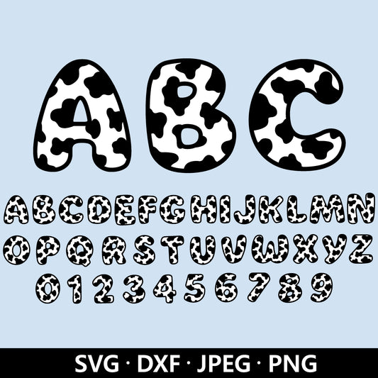 Cow Font SVG, Cow Print Alphabet SVG, Numbers Svg, Cow Letters Svg, Birthday Cow Print PNG, Cow print letter Cut files Digital Download