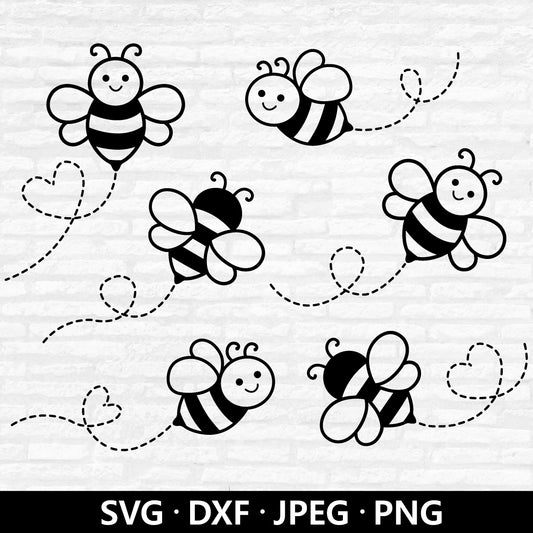 Bee Outline SVG Bundle, Cute Honey Bee cutting file, Bee SVG, Bee Clipart, Bee path dotted lines bundle, Bee with heart Digital Download