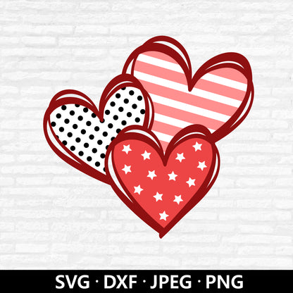 Triple heart SVG, Valentine's Day Hearts Vector, Heart hand drawn PNG, Valentines Heart clipart, Heart Pattern Cut files Digital Download